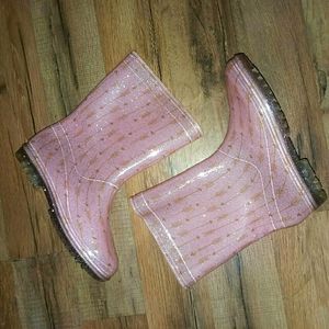 Sz 2 girls pink and gold glitter rain boots